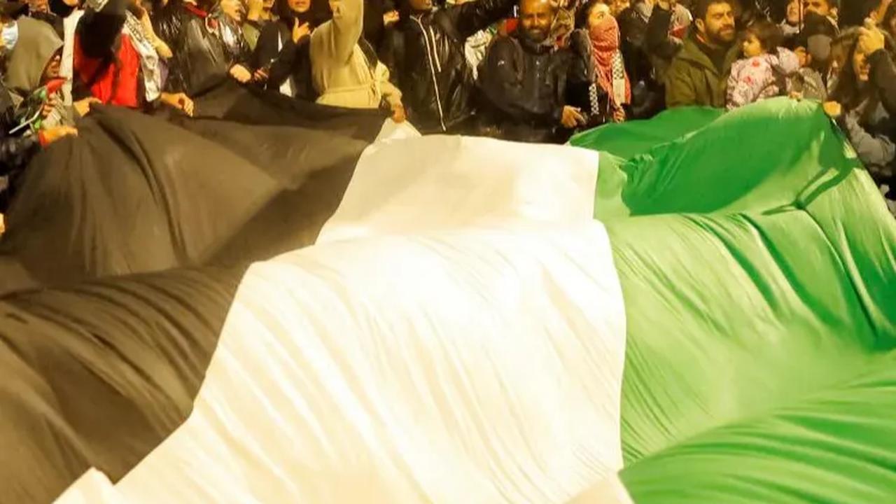Bendera Palestina berukuran besar mereka bentangan di Downing Street selama aksi solidaritas tersebut.