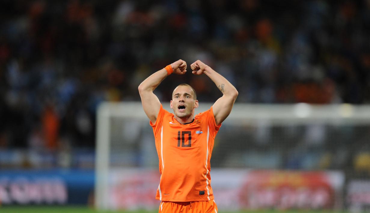 Ekspresi Wesley Sneijder usai mengantarkan Belanda menuju final Piala Dunia 2010. Sneijder memenangkan Silver Boot dengan mencetak lima gol dan satu assist. (AFP/Franck Fife)