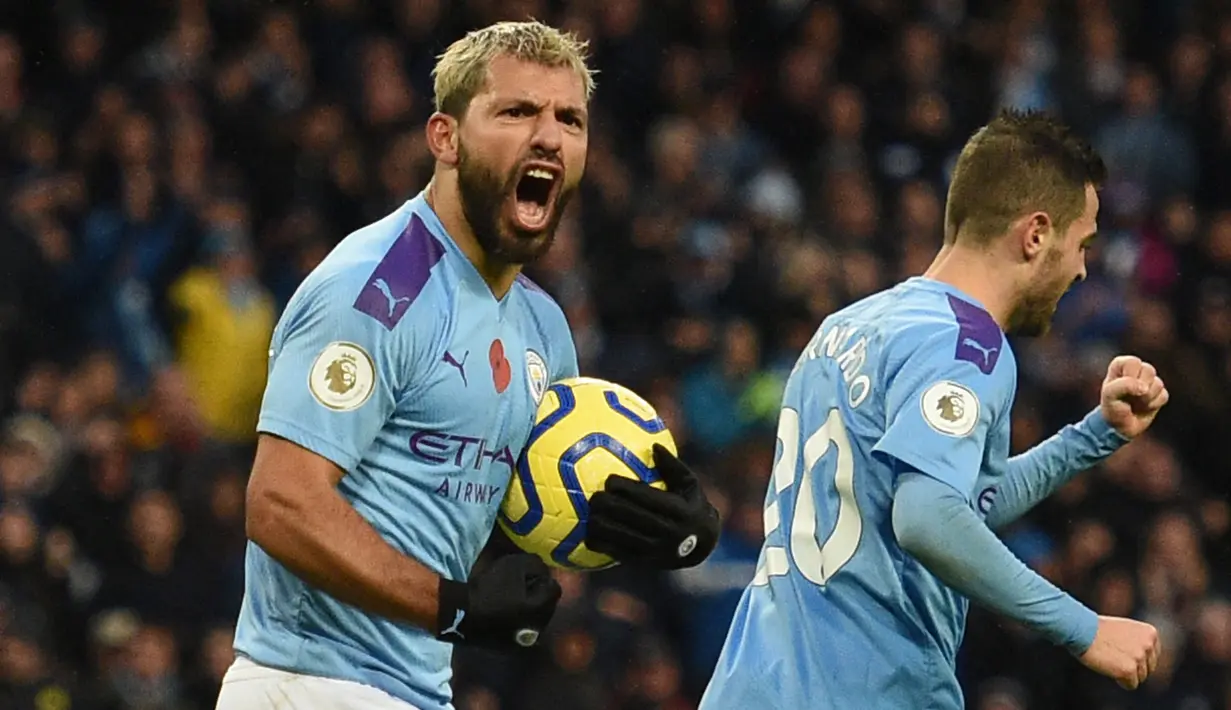 Sebelum hijrah ke Barcelona, Sergio Aguero memiliki rasio gol perlaga mencapai 0,67 dengan mencetak 184 gol dalam 275 laga di Liga Inggris bersama Manchester City. Aguero juga berhasil mempersembahkan lima gelar Liga Inggris untuk The Citizen. (AFP/Oli Scarff)