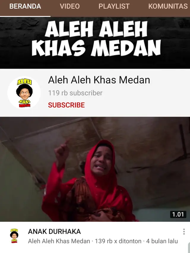 Beranda kanal YouTube Aleh Aleh Khas Medan. (Foto: Dok. YouTube)