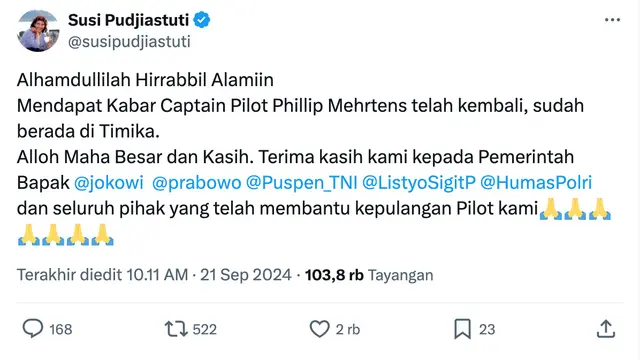Cuitan Susi Pudjiastuti. (Foto: Dok. Twitter @susipudjiastuti)
