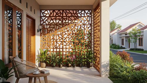 Roster Rumah Agar Teras Terasa Luas tapi Privasi Terjaga Model Kayu Geometris