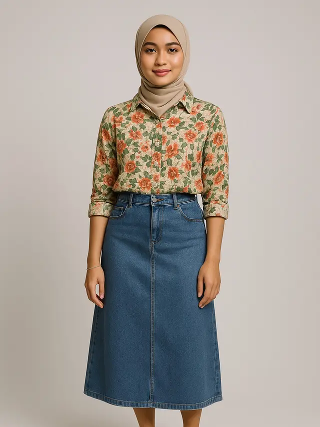Rok Jeans Midi dan Kemeja Motif (Foto: ChatGPT)