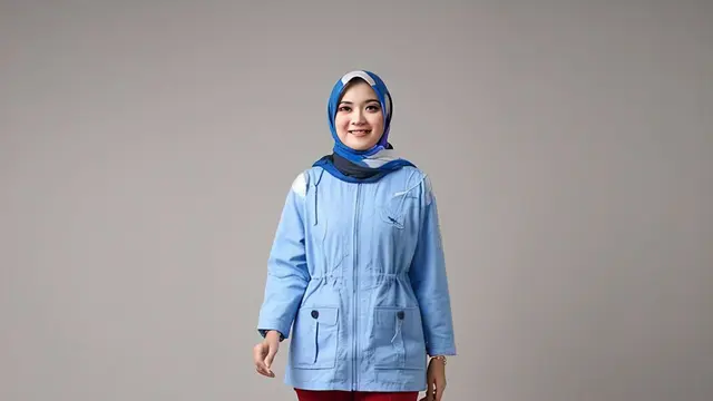 Kombinasi outfit atasan biru muda dan celana merah untuk tampilan segar dan profesional/Nurul Diva Kautsar via Meta AI