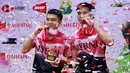 Laga pamungkas Indonesia Masters 2023 di Istora Gelora Bung Karno, Senayan, Jakarta, Minggu (29/1/2023) malam WIB yang mempertandingkan ganda putra Indonesia menghadapi lawannya asal China, He Ji Ting/Zhou Hao Dong akhirnya sukses dimenangi The Babies, julukan Leo/Daniel dengan dua game langsung 21-17, 21-16. Dengan hasil ini Indonesia yang sebelumnya telah mendapat gelar dari Jonatan Christie di sektor tunggal putra, bersanding dengan China yang sama-sama mengoleksi dua gelar pada Indonesia Masters 2023. (Bola.com/M Iqbal Ichsan)