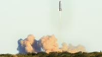 Prototipe roket Starship SN8 milik SpaceX lepas landas selama uji uji coba peluncuran di fasilitas perusahaan di Boca, Chica, Texas pada Rabu (9/12/2020). Roket SpaceX meledak saat melakukan pendaratan usai menyelesaikan uji terbang. (Miguel Roberts/The Brownsville Herald via AP)