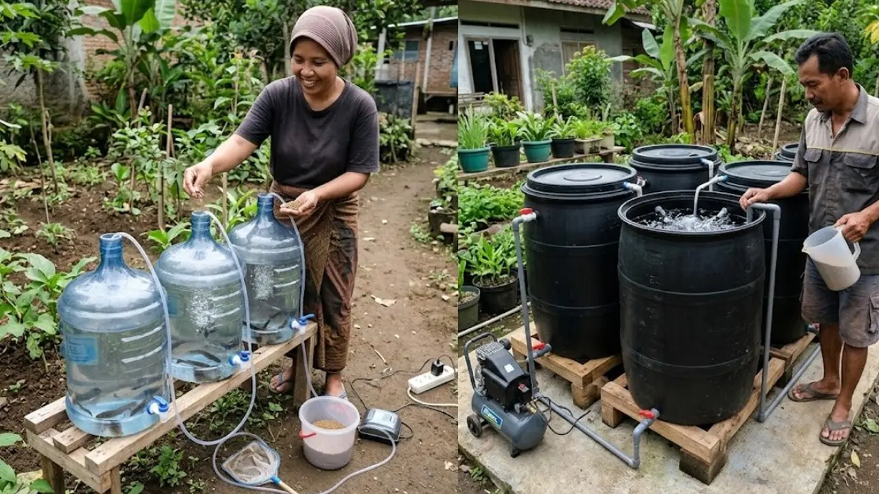 Perbandingan Ternak Lele dalam Galon vs Drum di Lahan Sempit (Foto: Gemini AI)