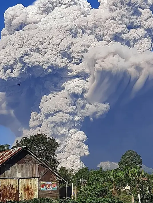 Gunung Sinabung menyemburkan abu ke langit, terlihat dari Karo, Sumatera Utara, Selasa (2/3/2021).   Guguran awan panas tersebut meluncur ke arah timur tenggara dengan jarak luncur 3 kilometer. (AFP/Bahari Tarigan)