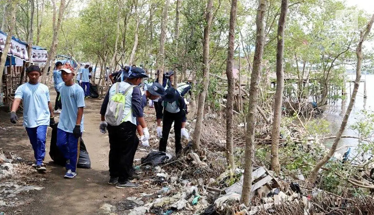 Siswa-siswi SMK membersihkan pantai dalam program Sekolah Pantai Indonesia (SPI) di pesisir pantai Karongsong, Kabupaten Indramayu, Jawa Barat (20/11). Kegiatan ini merupakan Gerakan Cinta Laut Kementerian Kelautan dan Perikanan (KKP). (Liputan6.com/KKP)