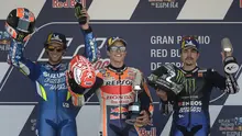Marc Marquez (tengah) memenangkan MotoGP Jerez 2019, Minggu (5/5/2019). Dia diapit Alex Rins dan Maverick Vinales. (AFP/Jorge Guerrero)