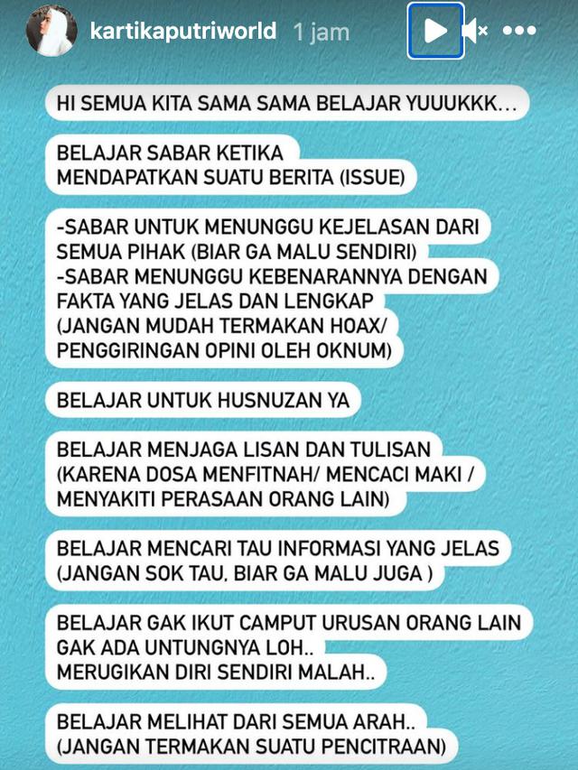Unggahan Kartika Putri. (Foto: Instagram @kartikaputriworld)