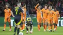 Pemain Belanda, Tijjani Reijnders, melakukan selebrasi setelah mencetak gol ke gawang Skotlandia pada laga persahabatan di Johan Cruijff Arena, Sabtu (23/3/2024). Tijjani Reijnders menyumbang satu gol dalam pertandingan ini. (AP Photo/Peter Dejong)