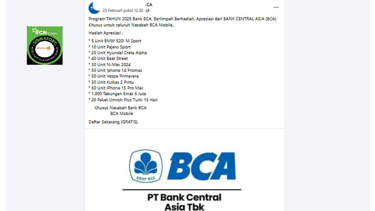 Tangkapan layar klaim pendaftaran pembagian hadiah dari BCA