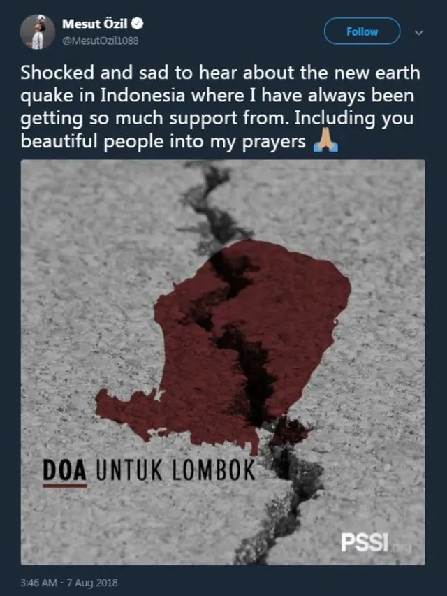 Mesut Oezil turut doakan para korban gempa Lombok (foto: Twitter/@mesutozil1088)
