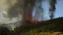 Lava mengalir dari letusan gunung berapi Cumbre Vieja di pulau La Palma di Kepulauan Canaria,Spanyol, Minggu (19/9/2021). Cumbre Vieja yang terakhir kali erupsi 50 tahun lalu berada di punggung bukit di selatan Pulau La Palma yang dihuni sekitar 80 ribu orang. (AP Photo/Jonathan Rodriguez)