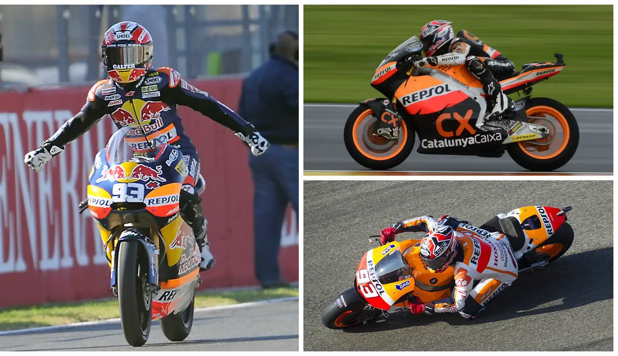 5 motor Marc Marquez saat meraih gelar juara dunia. Marquez meraih juara dunia 125cc 2010, Moto2 2012, dan MotoGP 2013, 2014, 2016. (AFP)