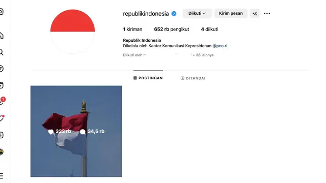 Akun instagram @republikindonesia. Akun ini dikelola oleh Kantor Komunikasi Presiden atau Presidential Communication Office (PCO)