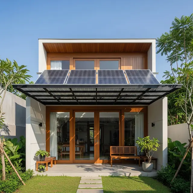 Desain Atap Panel Surya di Teras Rumah Sebagai Sumber Energi Listrik.