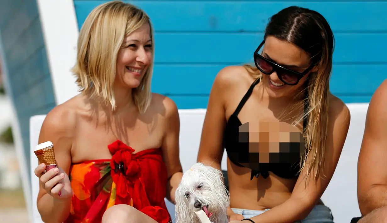 Dua wanita dan anjingnya saat menikmati es krim di pantai anjing dan bar di Crikvenica, Kroasia, (12/7). Pantai ramah anjing ini, menawarkan es krim, anjing dan makanan ringan untuk anjing. (REUTERS/Antonio Bronic)