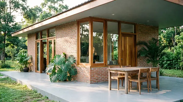 Desain Rumah Kampung dengan Dinding Bata Ekspos dan Kayu Jati (AI)