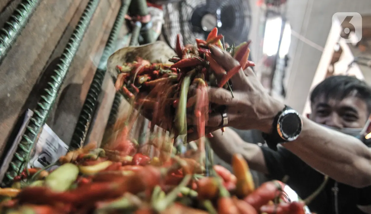 Pedagang merapikan cabai rawit merah yang dijual di Pasar Senen, Jakarta, Kamis (4/3/2021). Naiknya harga cabai rawit merah di pasaran saat ini disebabkan oleh produksi yang sangat rendah sehingga pasokan di pasaran tidak bisa memenuhi tingginya permintaan. (merdeka.com/Iqbal S. Nugroho)