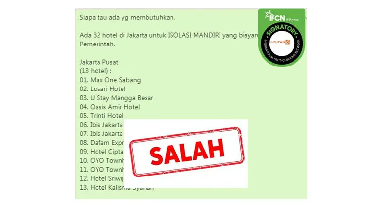 Cek Fakta daftar hotel untuk pasien covid-19 di DKI Jakarta