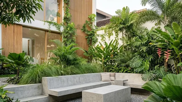 Bangku Full Beton Minimalis Menyatu dengan Taman