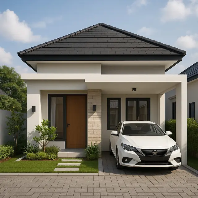 Desain Rumah 9x9 Modern Minimalis Lengkap dengan Taman dan Carport