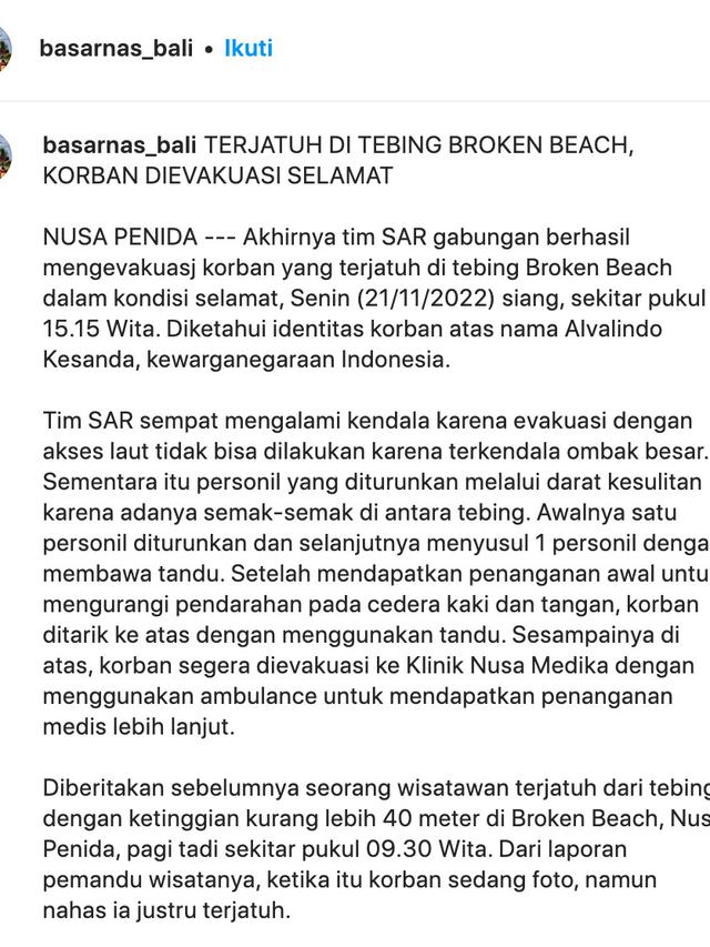 Unggahan Basarnas Bali terkait Alvalino Kasenda jatuh dari tebing Broken Beach, Bali. (Foto: Dok. Instagram @basarnas_bali)