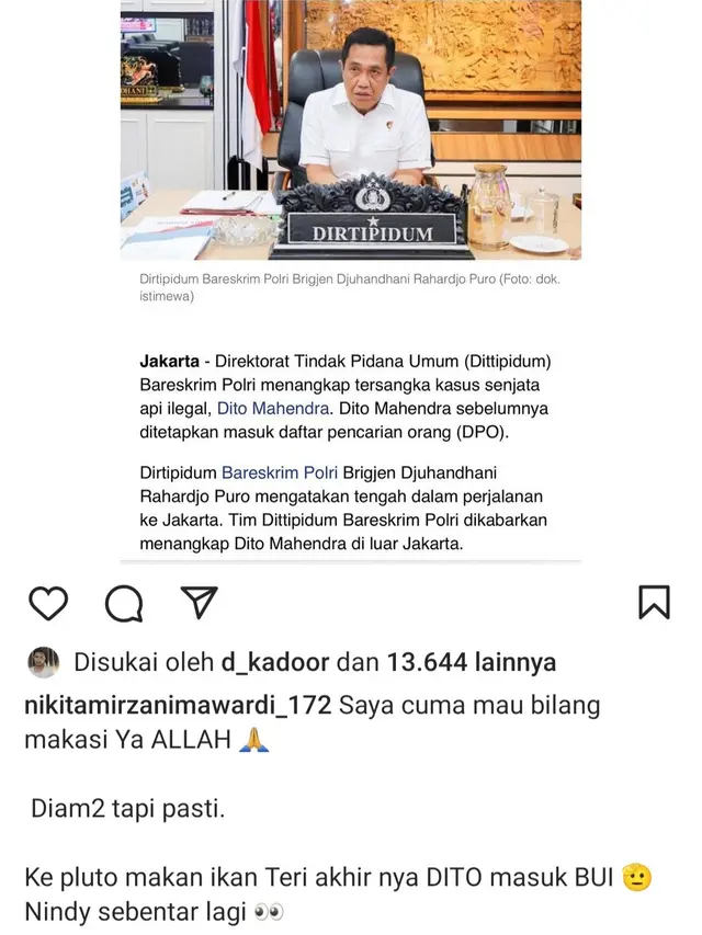 Unggahan Nikita Mirzani soal Dito Mahendra ditangkap. (Foto: Dok. Instagram @nikitamirzanimawardi_172)