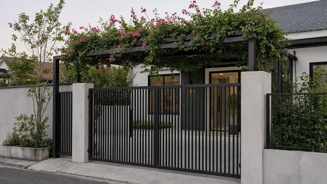 Gerbang Besi Hitam dengan Pergola Tanaman Rambat