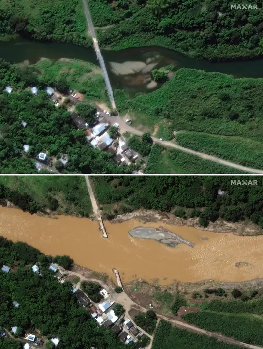 Kombinasi dua gambar satelit yang disediakan oleh Maxar Technologies ini menunjukkan di atas, pemandangan 18 Januari 2022 dari jembatan di atas Rio Grande de Arecibo sebelum melewati Badai Fiona, di Arecibo, Puerto Rico, dan foto setelah berlalunya Badai Fiona, pada Rabu, 21 September 2022. (Citra satelit © 2022 Maxar Technologies via AP)