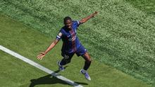 Selebrasi Ousmane Dembele&nbsp;dalam laga PSG vs Real Madrid di semifinal Piala Dunia Antarklub 2025, Kamis (10/7/2025). (AP Photo/Pamela Smith)