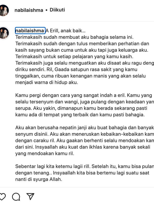 Unggahan Nabila Ishma soal Eril. (Foto: Dok. Instagram @nabilaishma)