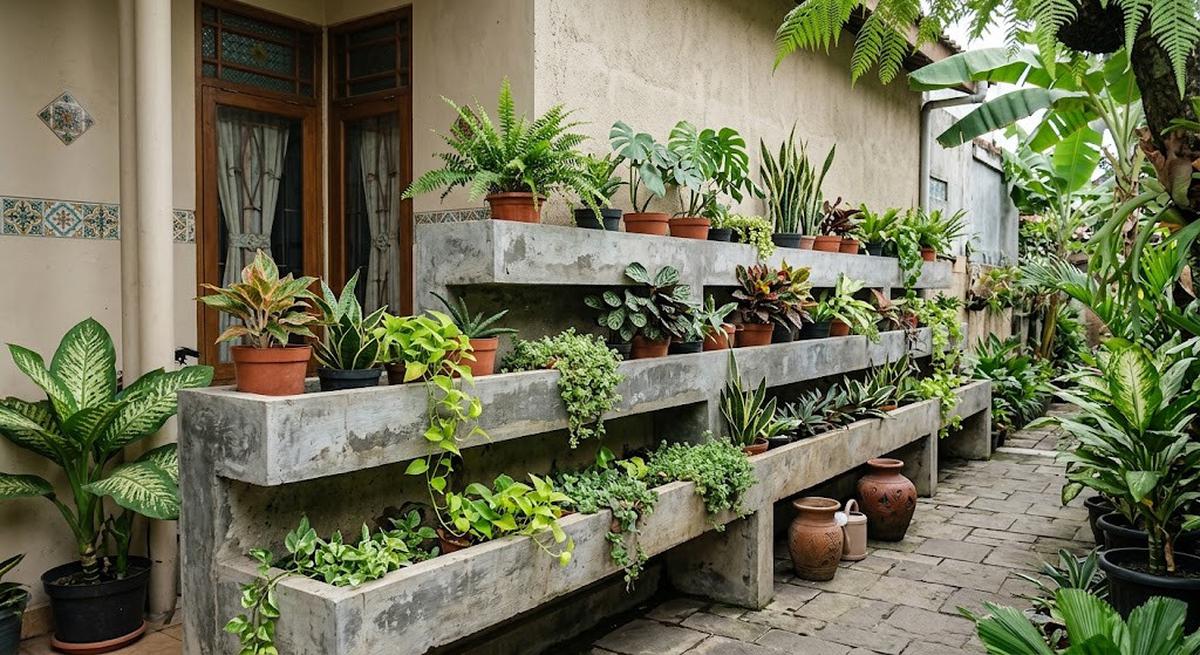 9 Desain Rak Tanaman Permanen dari Beton di Sisi Rumah, Solusi Lahan Sempit