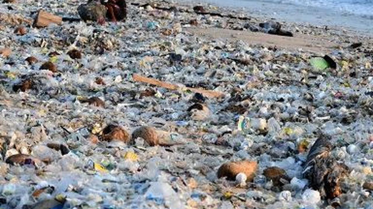 Pemandangan hamparan sampah yang mencemari bibir Pantai Kedonganan, Kuta, Badung, Bali, Selasa (19/3/2024). Sonny Tumbelaka/AFP