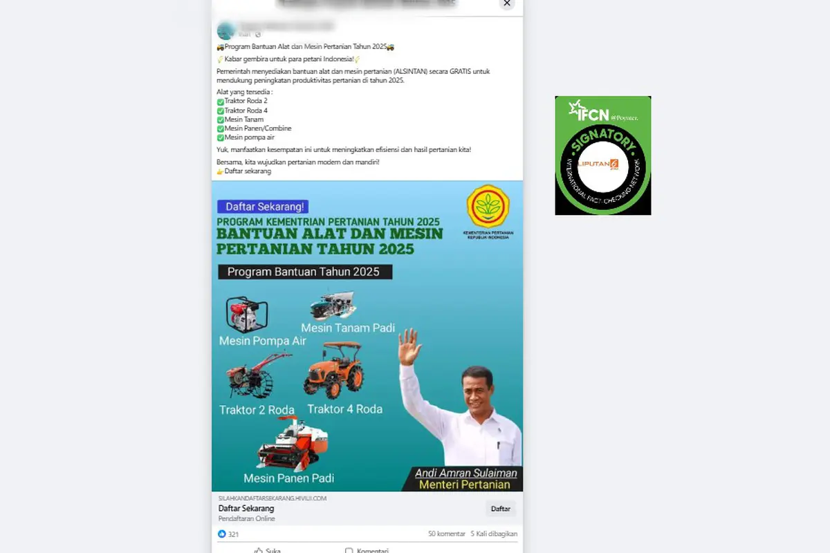 Tangkapan layar klaim link pendaftaran program bantuan alat dan mesin pertanian 2025.