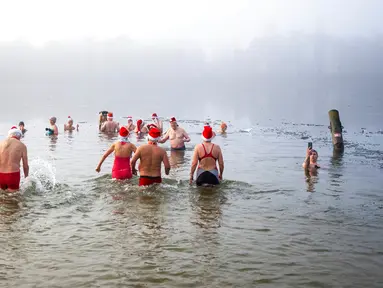 Tiga anggota asosiasi "Berliner Seehunde" berenang di antara bongkahan es saat mandi Natal di Danau Orankesee, Berlin, Jerman, Minggu (25/12/2022). (Christophe Gateau/dpa via AP)