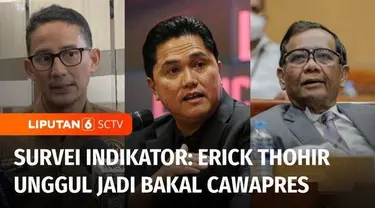 Sementara, elektabilitas Erick Thohir melejit sebagai bakal cawapres di survei indikator. Erick mengungguli Ridwan Kamil, Mahfud MD, dan Sandiaga Uno.