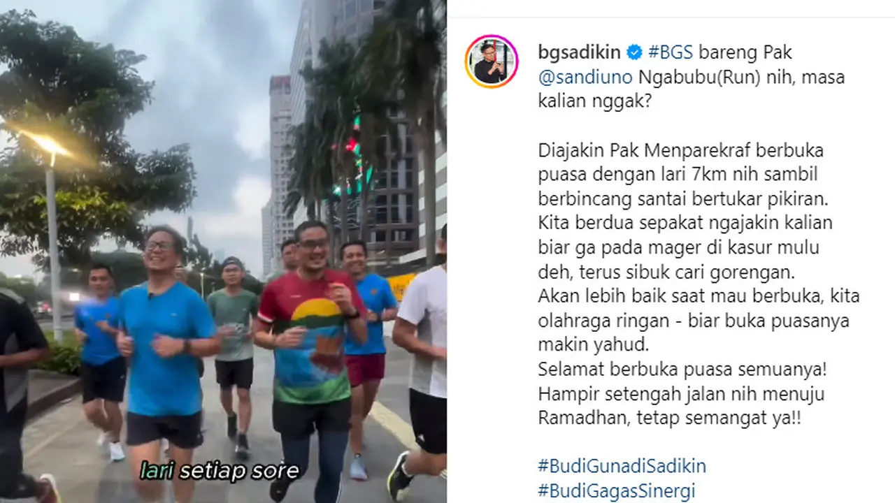 Menkes Budi dan Menparekraf Sandiaga Uno lari bareng mengisi ngabuburit di Bulan puasa. (Foto: Instagram bgsadikin)