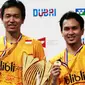 Ganda putra Indonesia Hendra Setiawan/Mohammad Ahsan juara BWF Dubai World Superseries Finals 2015, Minggu (13/12/2015). (Liputan6.com/Badminton Indonesia)