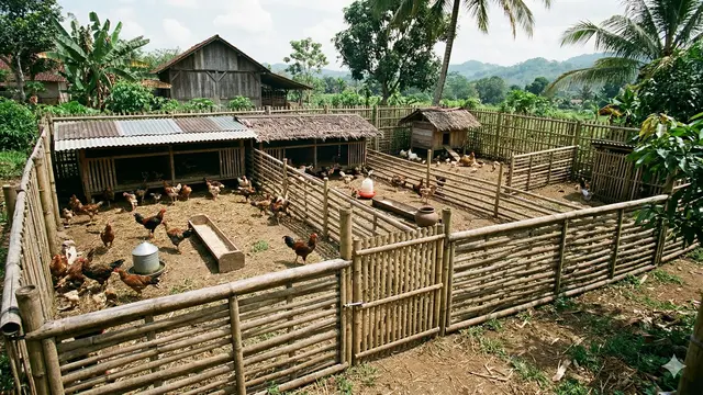 Kandang Ayam Umbaran dengan Pagar Bambu (Foto: Gemini AI)