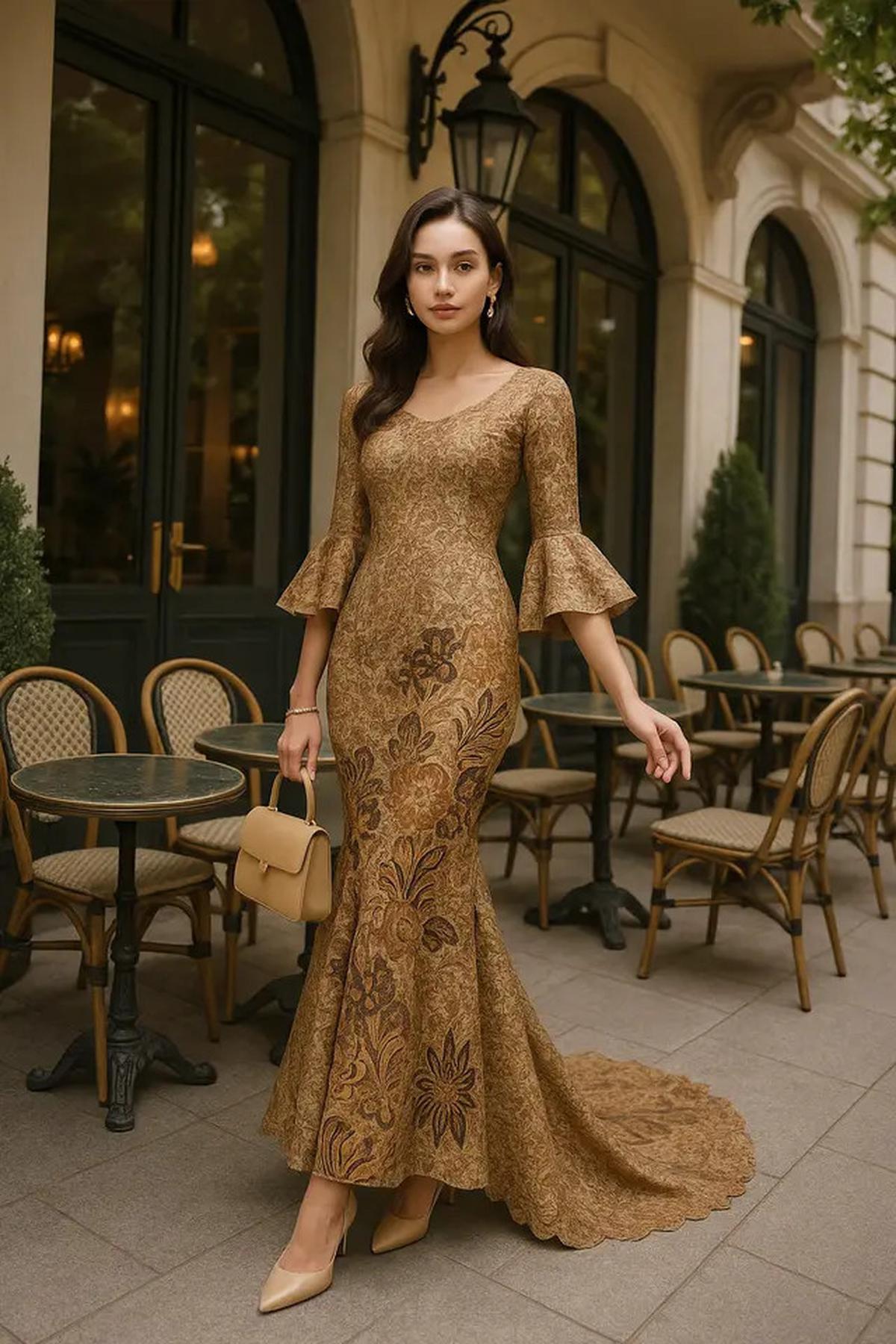 7 Pilihan Long Dress Batik Brokat Lengan Trompet, Mewah &amp; Unik untuk Acara Formal 2025