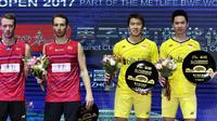 Ganda putra, Mathias Boe/Carsten Mogensen, takluk dari Kevin Sanjaya Sukamuljo/Marcus Fernaldi Gideon pada final China Terbuka Super Series Premier 2017, Minggu (19/11/2017). (PBSI)