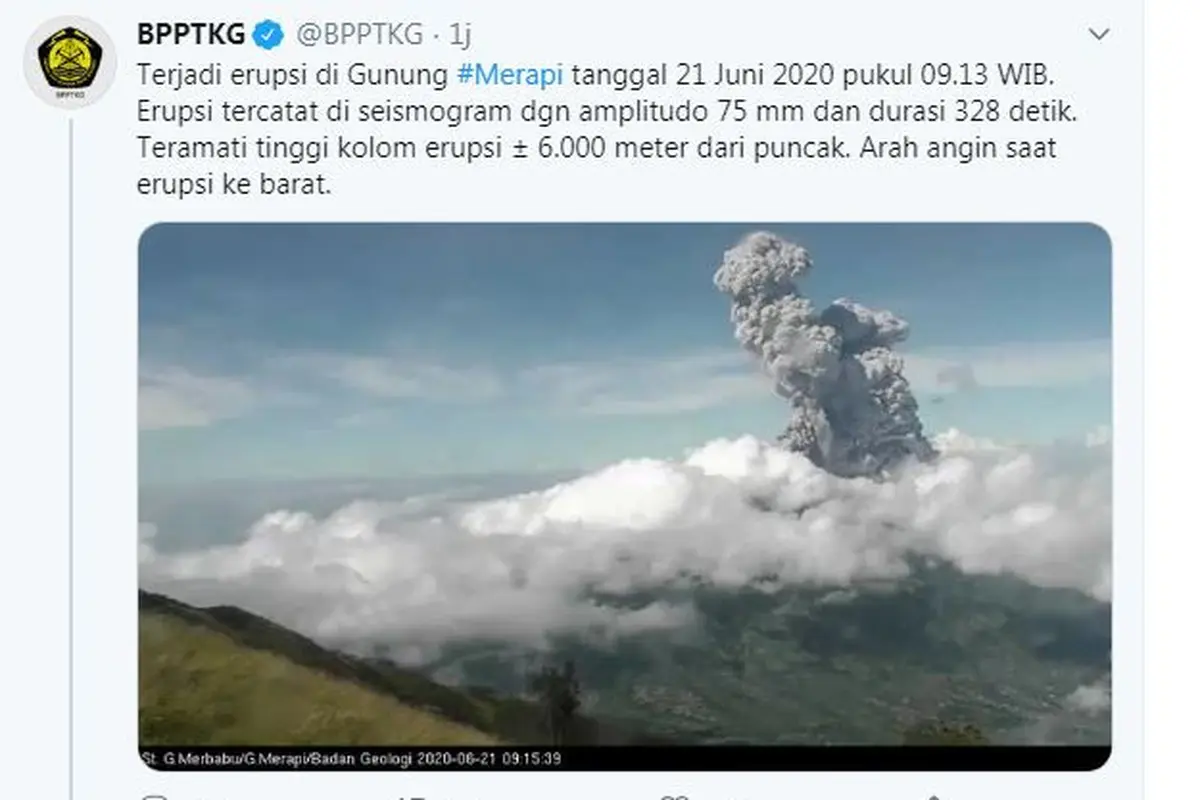 Erupsi Merapi 21 Juni 2020. (Foto: Liputan6.com/tangkapan layar Twitter BPPTKG)