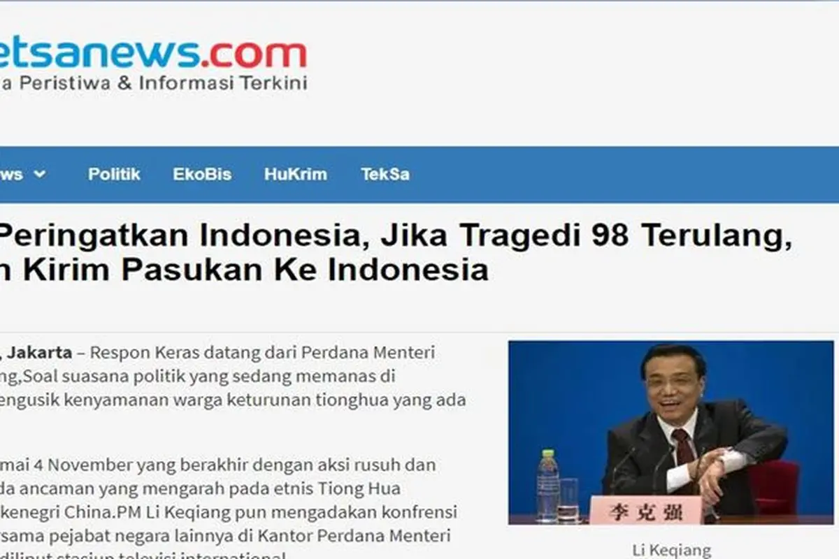[Cek Fakta] Gambar Tangkapan Layar Berita Tentang PM China