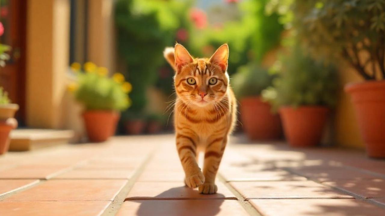Ilustrasi kucing berjalan di teras rumah