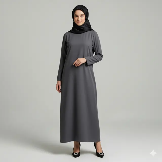 Inspirasi Dress Panjang Polos Minimalis Kombinasi Kerudung Muslim.