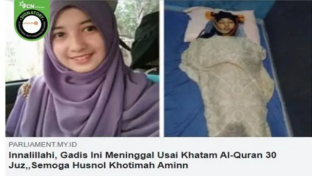 Gambar Tangkapan Layar Foto yang Diklaim Seorang Gadis Meninggal Dunia Usai Khatam Alquran (sumber: Facebook).