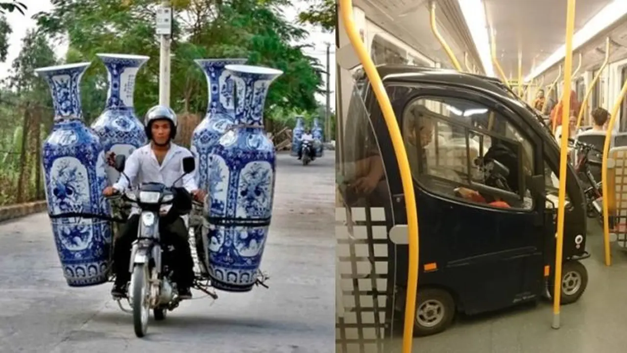 7 Aksi Kocak Orang Bawa Barang Sambil Naik Kendaraan, Bikin Kita Keheranan